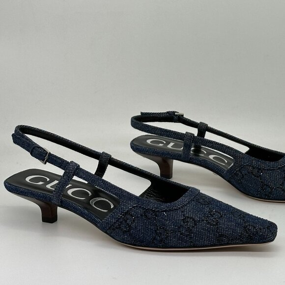 Gucci Crystal GG Monogram Demi Slingback Pumps Kitten Heels Sandals Shoes - Picture 12 of 16